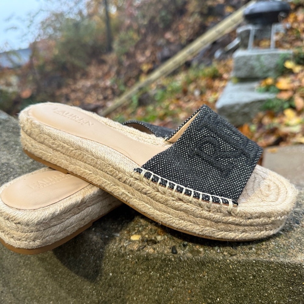 Polo Ralph Lauren Black and Tan Espadrille Slides - Picture 1 of 4